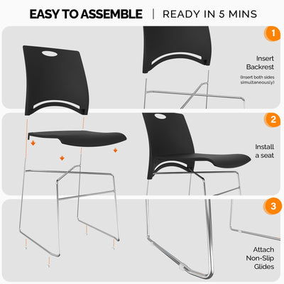 Stacking Chairs Set of 20 Stackable Office Chairs with Metal Sled Base, Ergonomic Plastic Seat, Stacking Chairs for Waiting Room Break Room Banquet Guest, Black