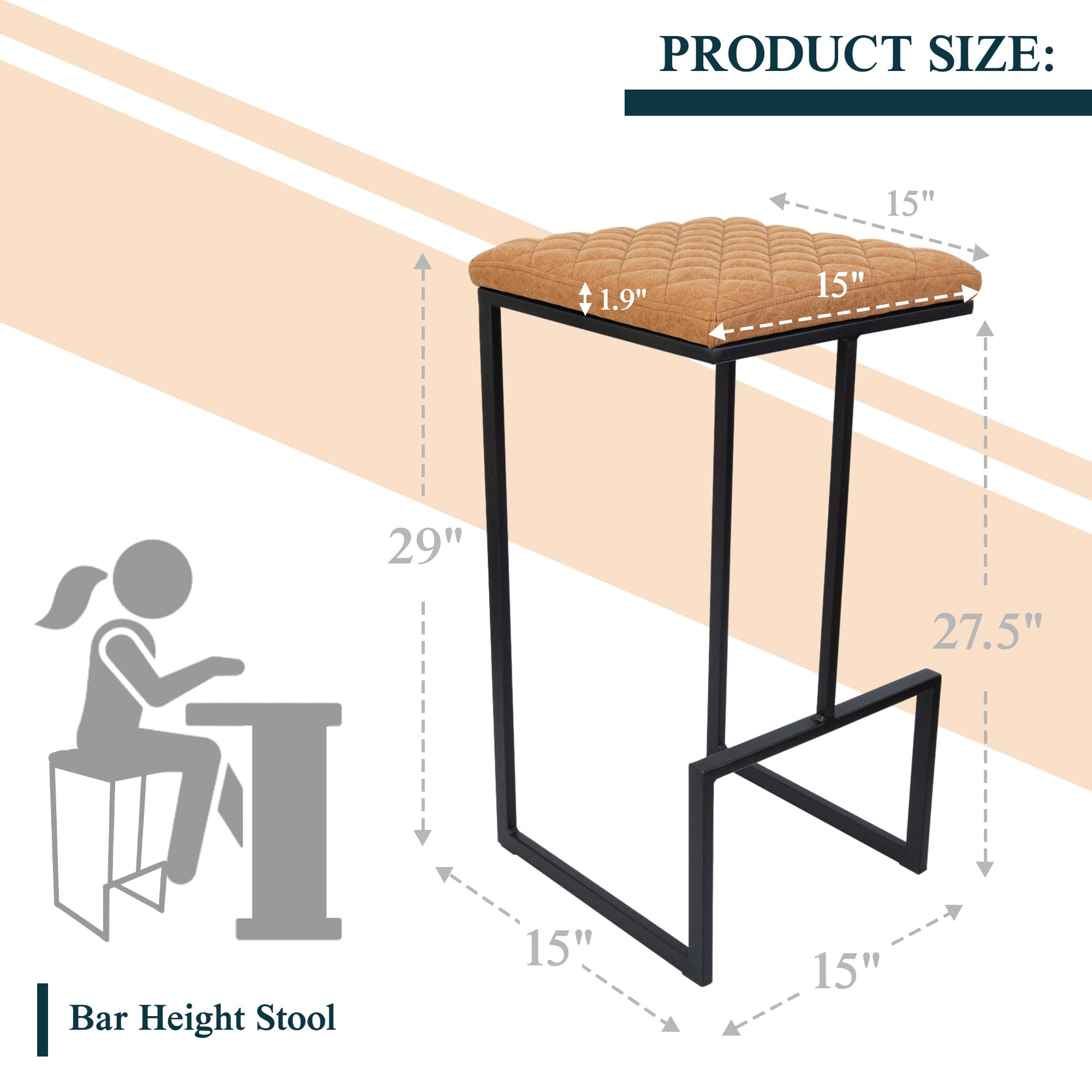 Counter Height Bar Stools, Modern Industrial Backless Counter Stools for Kitchen Island, Dining Counter & Home Bar, Faux Leather Upholstered Seats with Metal Frame, Set of 2, Brown
