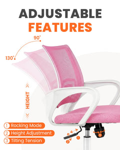 Office Desk Computer Chair Ergonomic Mesh Gaming Cushion Seat with Comfy Lumbar Mid Back Support Adjustable Height Swivel Rolling Wheels for Home Task (Pink)