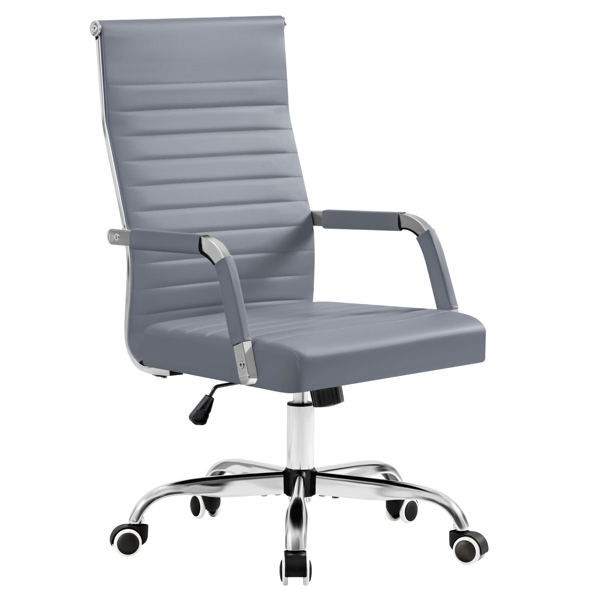 Ergonomic Office Desk Chair, Executive Ribbed Mid-Back PU Leather Conference Room Chair Adjustable Swivel Chair with Arms (1, Grey)