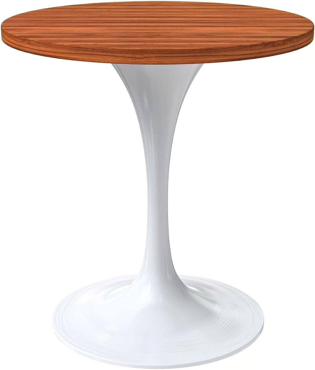 Mid-Century Modern 27 Inch Round Dining Table, MDF Wood Tabletop with White Steel Pedestal Base, Contemporary Kitchen & Dining Room, Small Space Breakfast Table, Cognac Brown