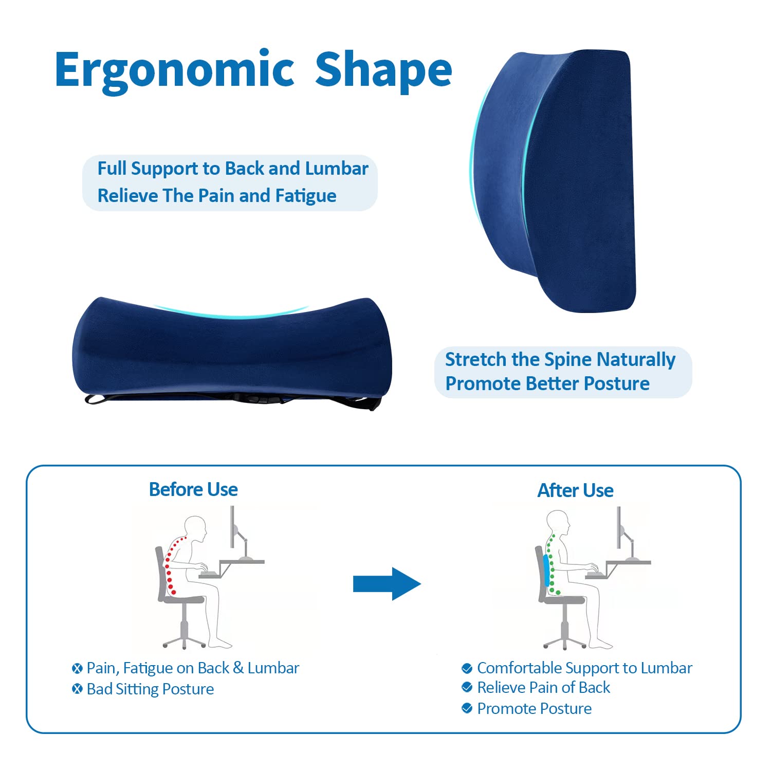 Office Chair Lumbar Pillow, Memory Foam Back Support Pillows for Car、Gaming Chair、 Home Chair, Fatigue Relief Correct Posture, Double Adjustable Straps(Navy Blue)
