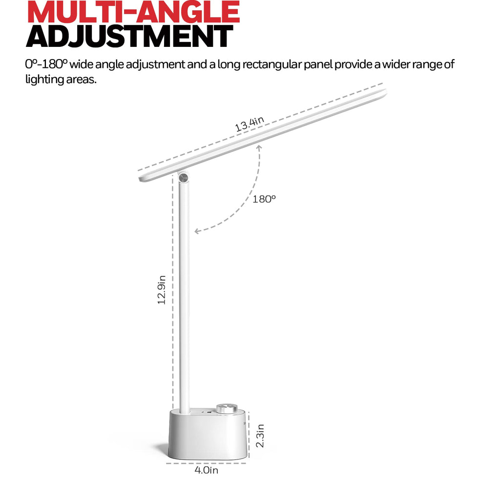 LED Desk Lamp with USB Charging Ports - Sunturalux™ HWT-H01 Stepless Dimmable Eye Caring Table Lamp for College Dorm Home Office, Foldable Small Bedside Lamp for Bedroom with Base White