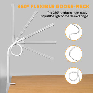 LED Desk Lamp with Clamp, Eye-Caring Clip on Lights for Home Office, 3 Modes 10 Brightness, Long Flexible Goose-Neck, Metal, Swing Arm Architect Task Table Lamps with USB Adapter, White