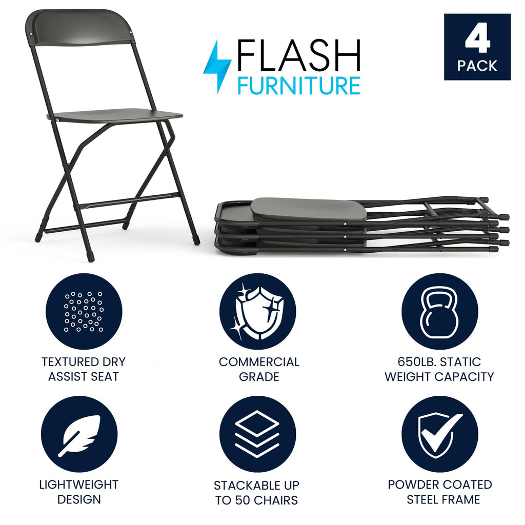 Set of 4, Black Hercules Series Plastic Folding Chairs for Parties and Weddings, Stackable Commercial Event Seats with 650-lb. Static Weight Capacity,
