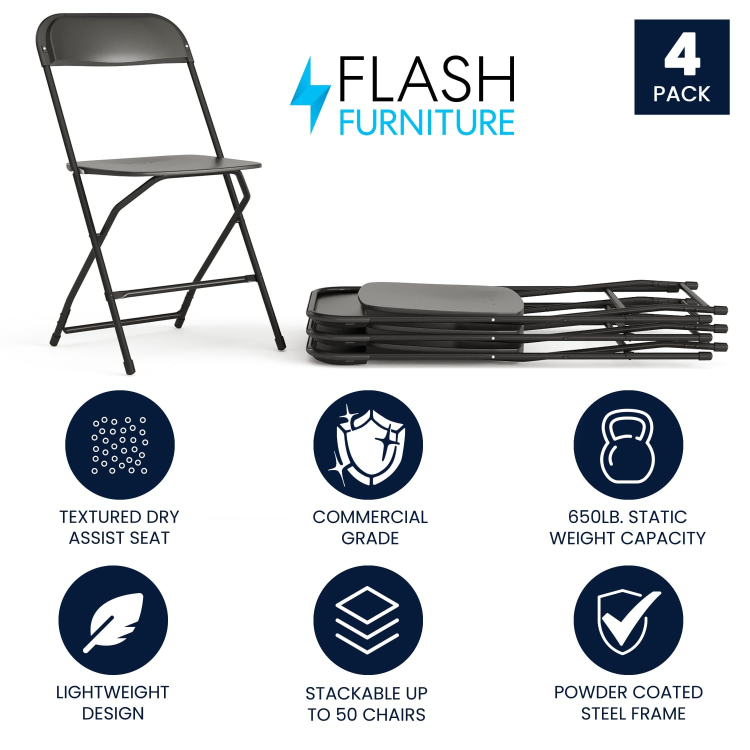 Set of 4, Black Hercules Series Plastic Folding Chairs for Parties and Weddings, Stackable Commercial Event Seats with 650-lb. Static Weight Capacity,