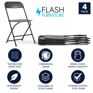 Set of 4, Black Hercules Series Plastic Folding Chairs for Parties and Weddings, Stackable Commercial Event Seats with 650-lb. Static Weight Capacity,