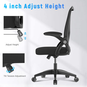 Ergonomic Office Chair, Mid Back Desk Chairs with Adjustable Height, Swivel Chair with Flip-Up Arms and Lumbar Support, Breathable Mesh Computer Chair for Home/Study/Working, Dark Black