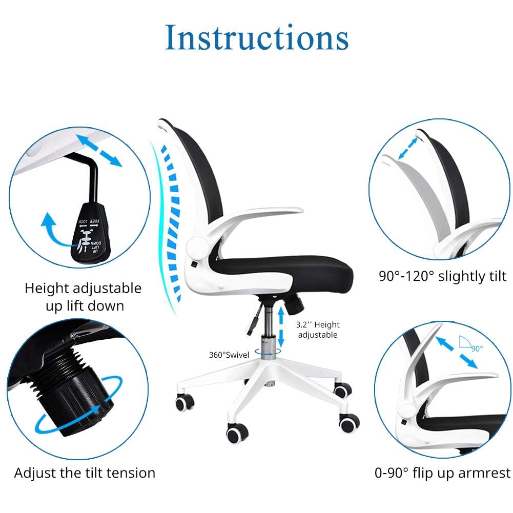 Foldable Office Chair - Home Office Desk Chairs with Wheels and Flip-Up Arms - Ergonomic Backrest Mesh Computer Chair Adjustable Swivel Rolling Home Executive (White)