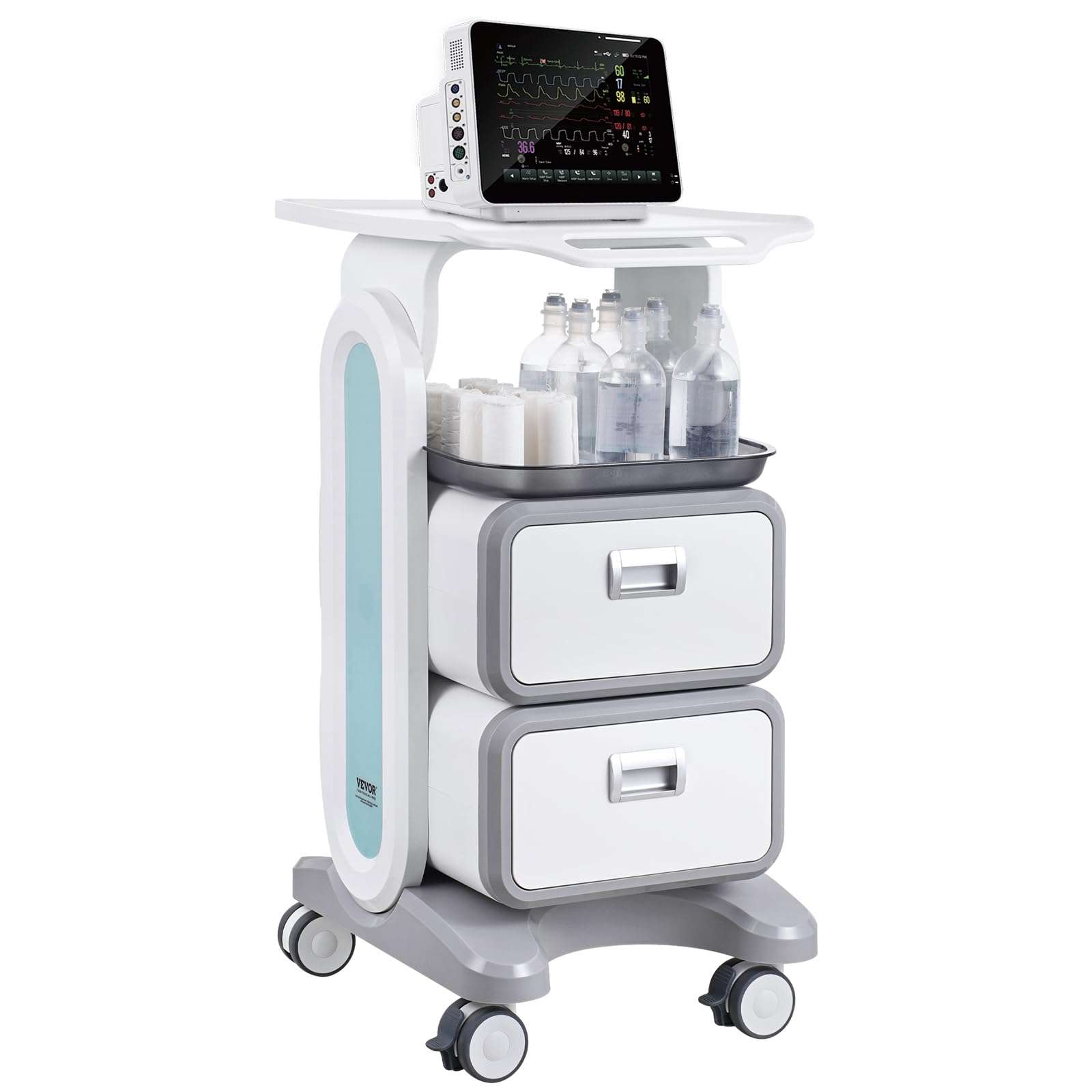 3 Tiers Lab Carts, Lab Utility Cart with 2 Drawers & 1 Top Tray, Mobile Medical Cart with ABS Material, Lab Rolling Cart with 4 Silent Wheels for Lab, Clinic, Hospital, Salon, White