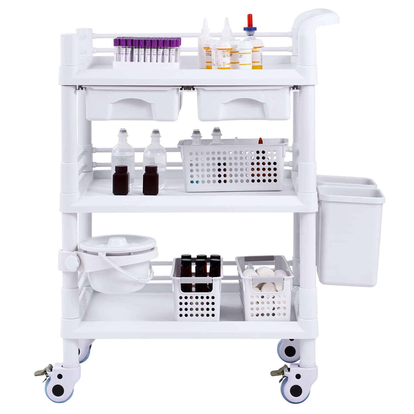 Medical Mobile Trolley Cart with 2 Drawers & 3 Trash Cans, 3 Tiers Beauty Salon Rolling Trolley with 4 Silent Wheels & 2 Dirts Bucket & Bowl, Medical Utility Cart for Hospital Dental Clinic Lab