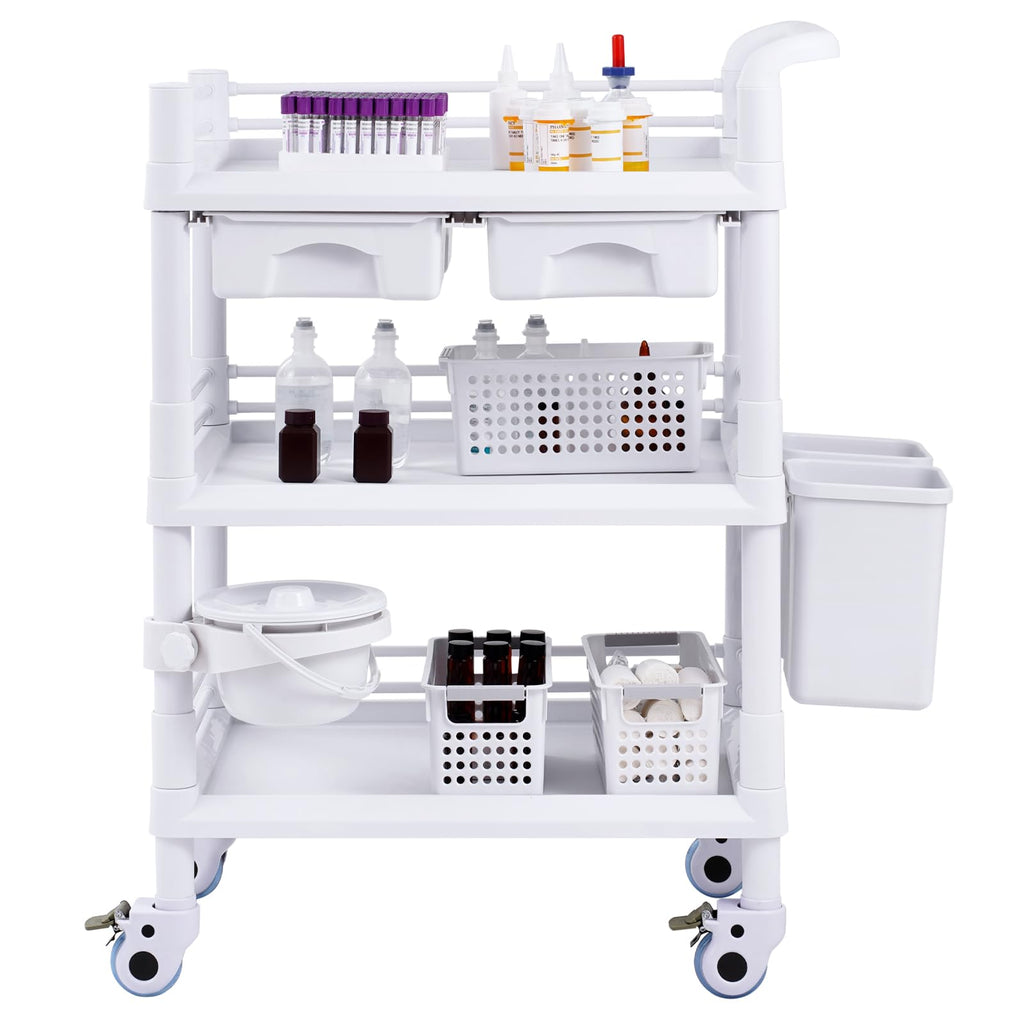 Medical Mobile Trolley Cart with 2 Drawers & 3 Trash Cans, 3 Tiers Beauty Salon Rolling Trolley with 4 Silent Wheels & 2 Dirts Bucket & Bowl, Medical Utility Cart for Hospital Dental Clinic Lab