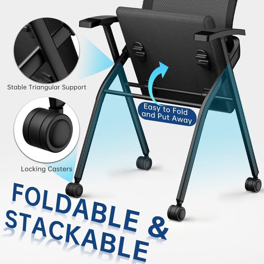 50 Pcs,Folding Office Chair with Wheels - Mobile Mesh Back Conference Room Chair with Padded Seat, Foldable & Stackable for Meeting Room, Training, Seminar,Classroom School & Office - Black