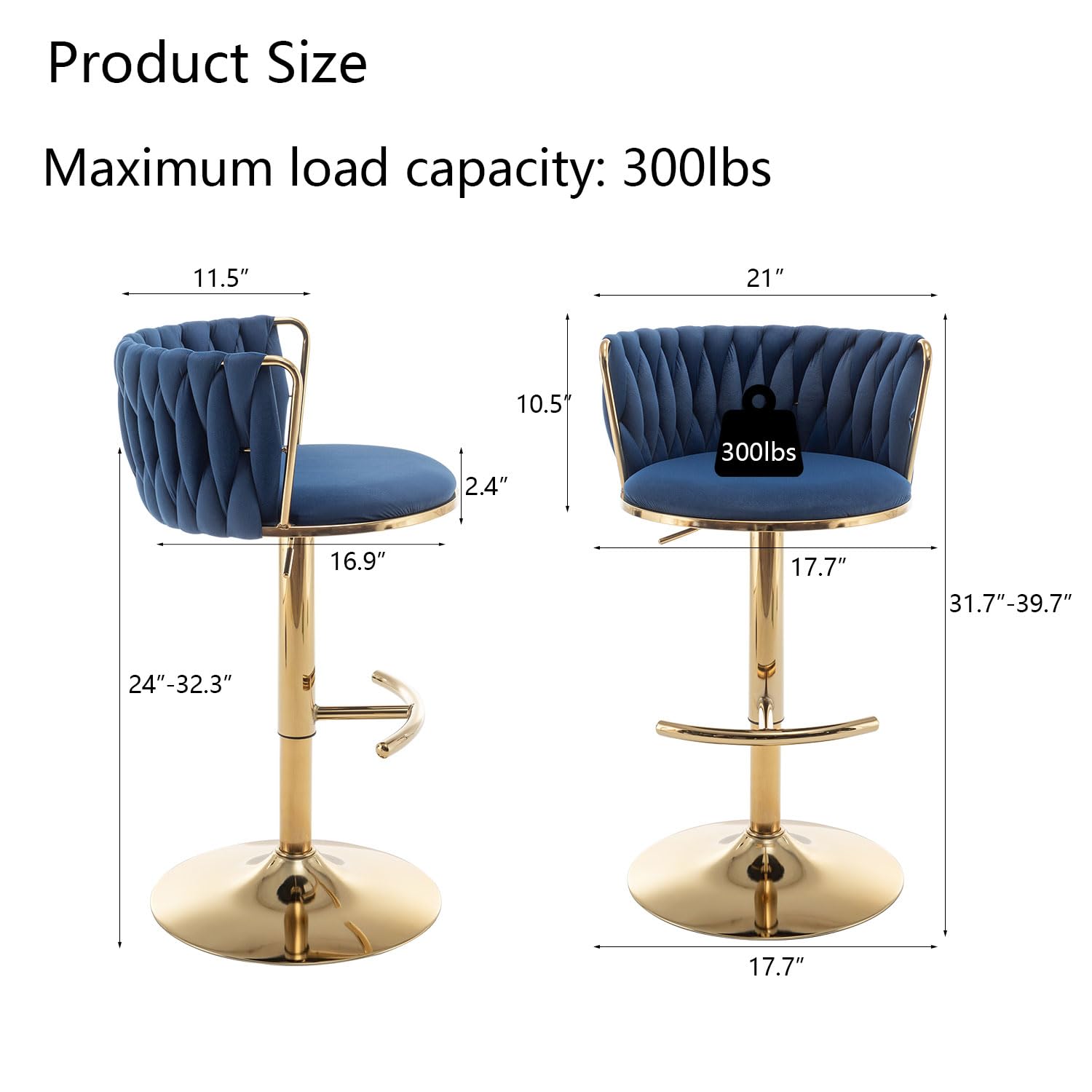 Gold Velvet Bar Stools Set of 2, Swivel Counter Height Bar Stools with Back, Adjustable Woven Barstools for Kitchen Island, Pub, Club (Blue)