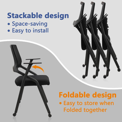 Stackable Foldable Conference Room Chairs with Wheels, Portable Padded Office Desk Chair with Lumbar Support and Armrest for Training Room, Guest, Reception, Black (1pk)