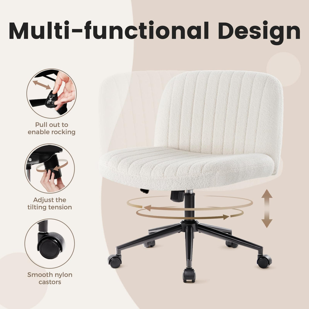Criss Cross Chair Cross Legged Office Chair with Wheels Armless Wide Seat Desk Chairs Height Adjustable Computer Task Chairs Swivel Vanity Chair for Home Office Bedroom Make Up Teddy Fabric White