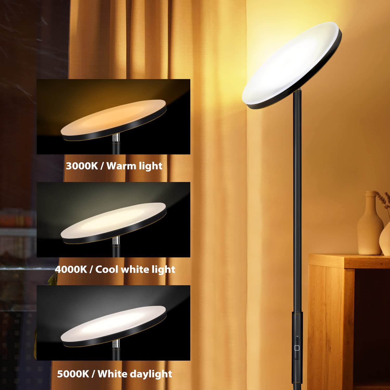 Floor Lamp,30W/2400LM Sky LED Modern Torchiere 3 Color Temperatures Super Bright Floor Lamps-Tall Standing Pole Light with Remote & Touch Control for Living Room,Bed Room,Office (Black-Gold)