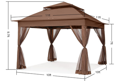 11x11 Pop Up Gazebo Tent Outdoor Canopy Patio Shelter with Mosquito Netting(Brown)