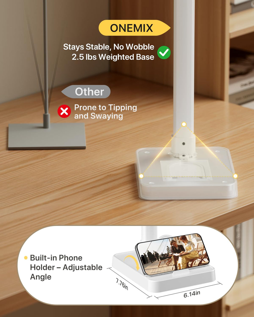 42" LED Desk Lamp for Home Office, Eye-Caring Desk Light with Adjustable 4-Segment Bar, 1800LM Bright, Remote, Architect Table Lamp with Base for Dual Monitors, Reading, Study, Workbench(White)