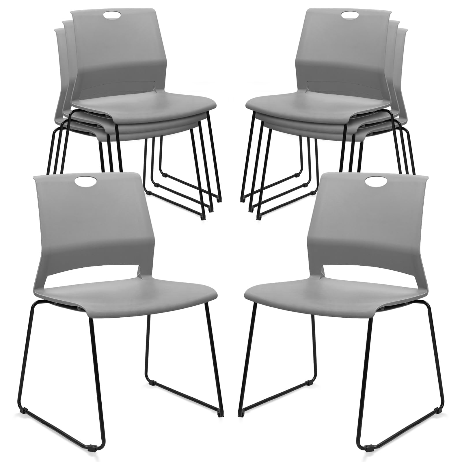 Set of 8, Gray, Stackable Guest Reception Chairs, Stacking Office Chair with Ergonomic Lumbar Support & Metal Legs, Plastic Desk Chairs for Conference School Church Waiting Meeting Break Room