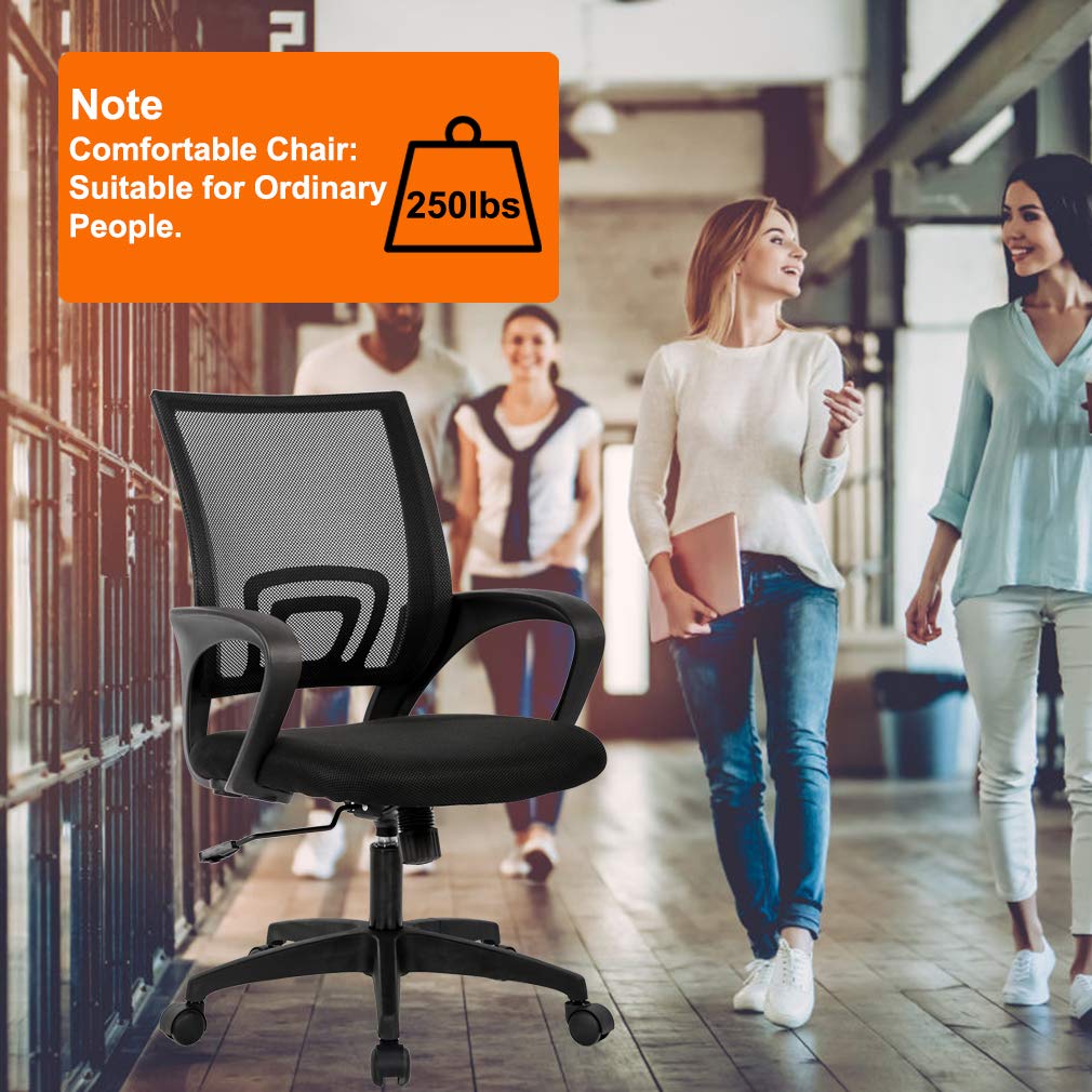 Ergonomic Office Chair | Mid-Back Swivel Desk Chair | Breathable Backrest & Lumbar Support | Adjustable Height | Sponge Seat | Rolling Wheels | Black | for Adults & Women