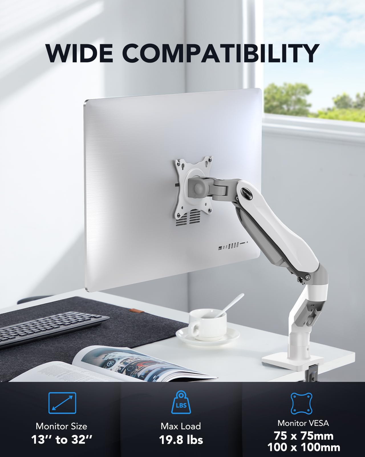 Single Monitor Mount, 13 to 32 Inch Gas Spring Monitor Arm, Adjustable Stand, Vesa Mount with Clamp and Grommet Base - Fits 4.4 to 19.8lbs LCD Computer Monitors