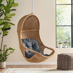 Hanging Basket Chair with Cushion, Outdoor Indoor Basket Chair, Boho Garden Rattan Lounger Porch Swing Furniture, Modern Patio Decor, Brown+Gray