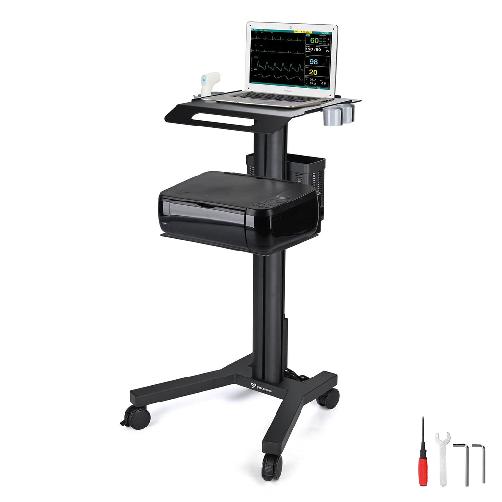 Mobile Laptop Cart Medical Rolling PC Stand Computer Workstation on Wheels with Handle 220 Lbs Capacity CPU Printer Power Strip Holder for Lap School Office Salon Spa Dental