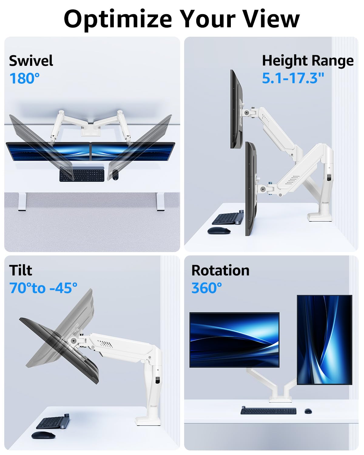 Dual Monitor Stand fits up to 32 inch, 4.4-22 lbs Computer Screens, Dual Monitor Desk Mount Height Adjustable, Monitor Arms for 2 Monitors, Home Office VESA Mounts, Freelift White