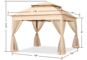 11x11Ft Easy Pop Up Gazebo Tent Instant Outdoor Canopy Shelter with Mosquito Netting Walls(Khaki)