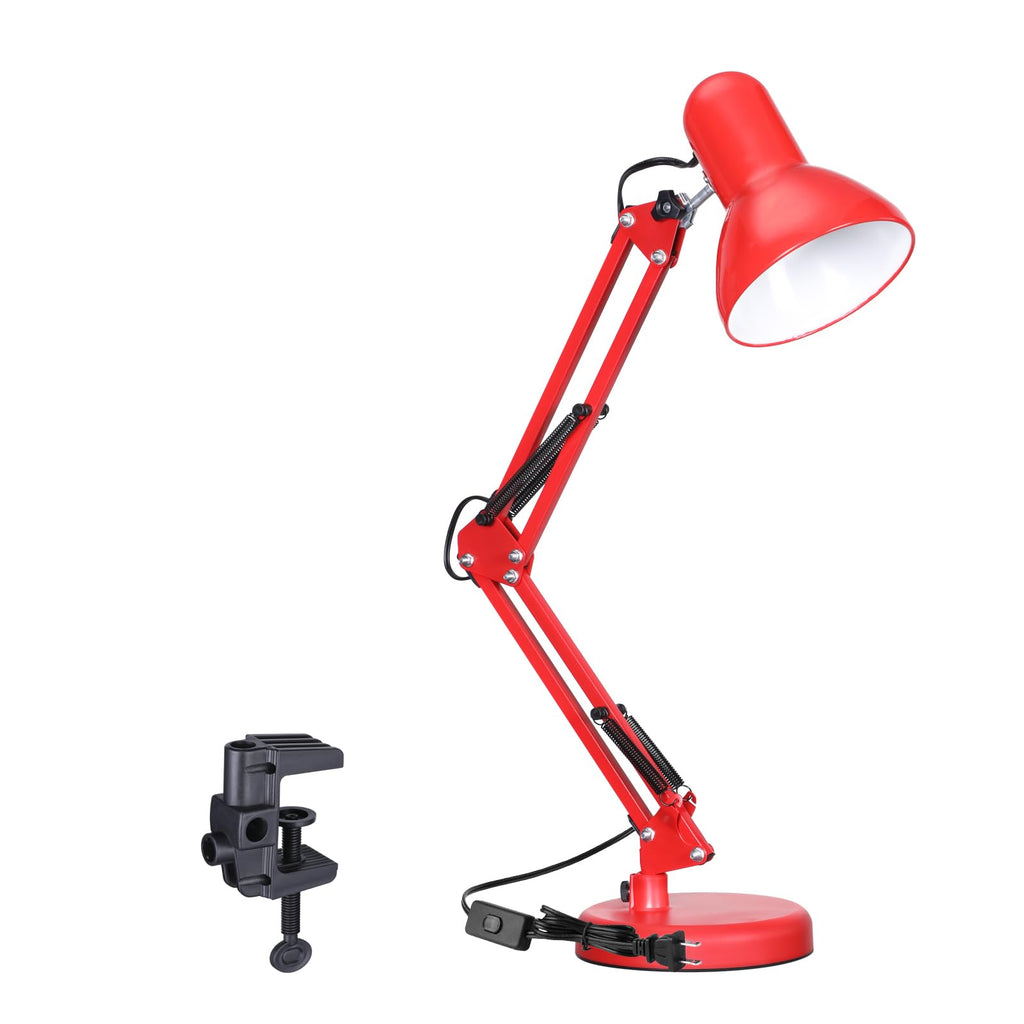 Metal Desk Lamp with Clamp, Swing Arm, Architect Adjustable Gooseneck Table Lamp, Clip Desk Lights for Home Office, Work, Study, Reading, E26 Base, Multi-Joint, Red
