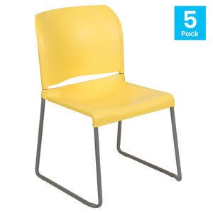 5 Pack, HERCULES Series  880 lb. Capacity Yellow Full Back Contoured Stack Chair with Gray Powder Coated Sled Base