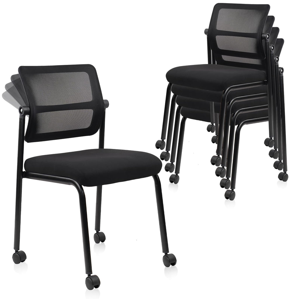Stacking Armless Office Waiting Room Chair with Wheels, Stackable Mesh Guest Reception Desk Chairs with Adjustable Backrest for Conference Lobby Side School, Black, 4 Pack