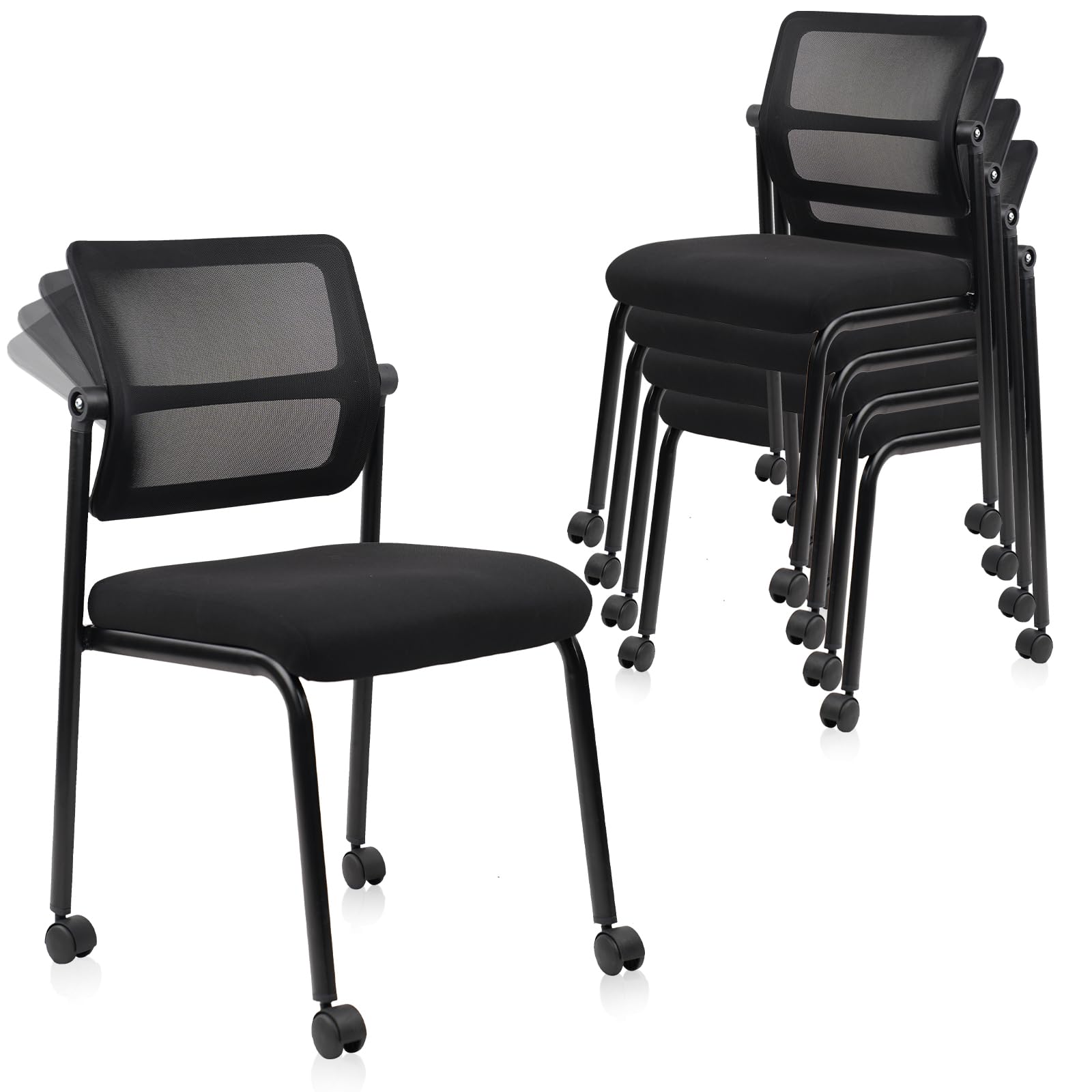 Stacking Armless Office Waiting Room Chair with Wheels, Stackable Mesh Guest Reception Desk Chairs with Adjustable Backrest for Conference Lobby Side School, Black, 4 Pack