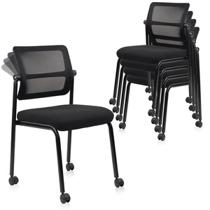 Stacking Armless Office Waiting Room Chair with Wheels, Stackable Mesh Guest Reception Desk Chairs with Adjustable Backrest for Conference Lobby Side School, Black, 4 Pack