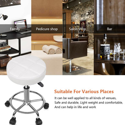 Round Rolling Stool Chair PU Leather Height Adjustable Swivel Drafting Work SPA Shop Medical Salon Stools with Wheels Office Chair Small (White)