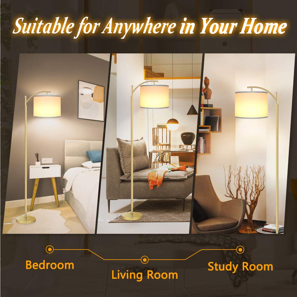 Floor Lamp for Living Room, LED Standing Lamp with 2 Lamp Shades Tall Industrial Floor Lamp Reading for Bedroom, Office, Study Room (9W LED Bulb, Beige & White Shades Included) -Gold