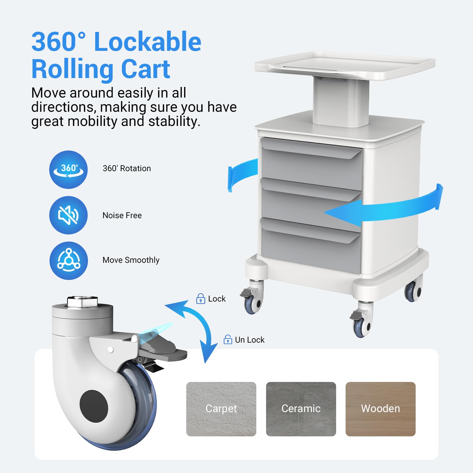 Medical Carts with Wheels and Drawers, Mobile Ultrasound Cart, Rolling Dental Implant Cart with Caster Wheels, Beauty Trolley Lab Storage Carts for Hospitals, Offices, Clinics, Bedrooms, and Salon