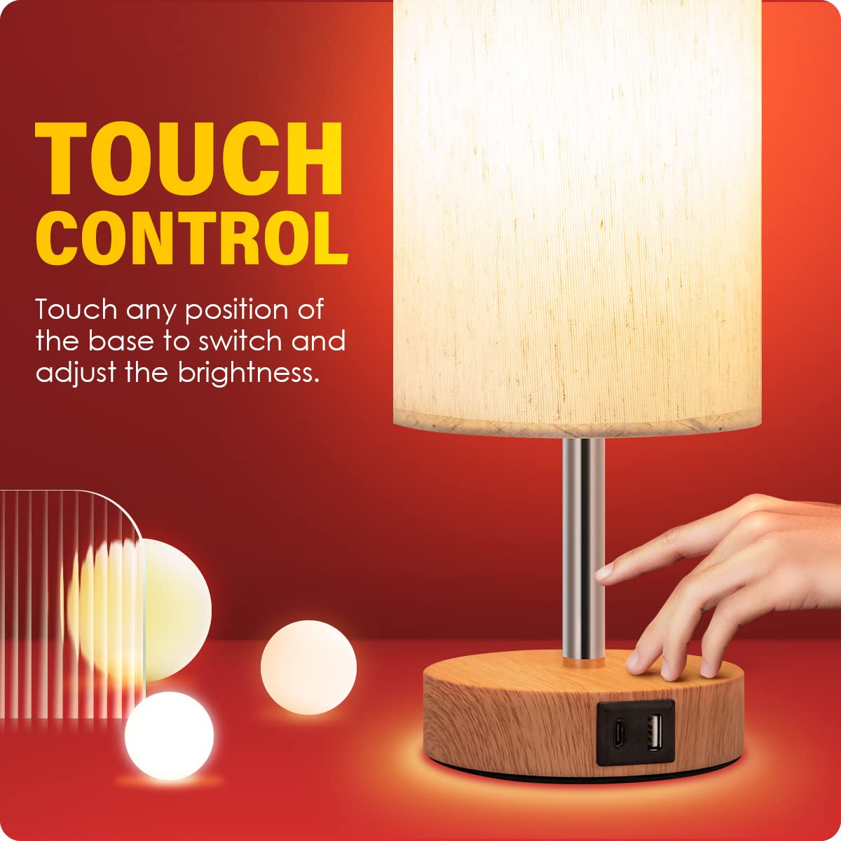 Bedside Lamp with USB A+C Port - Touch Control Table Lamp for Bedroom Wood 3 Way Dimmable Nightstand Lamp with Round Flaxen Fabric Shade for Home Office (LED Bulb Included)