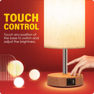 Bedside Lamp with USB A+C Port - Touch Control Table Lamp for Bedroom Wood 3 Way Dimmable Nightstand Lamp with Round Flaxen Fabric Shade for Home Office (LED Bulb Included)