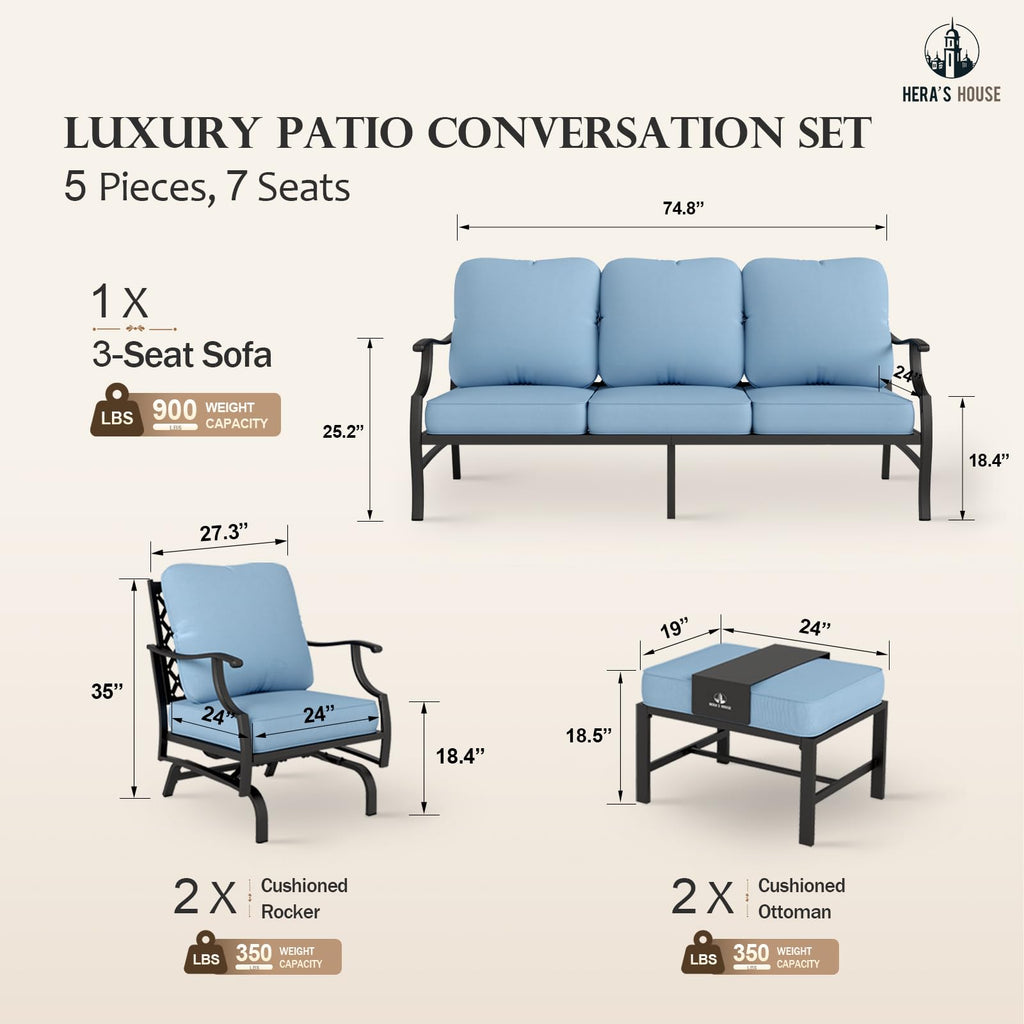 5 Pieces Patio Furniture Set, 2 x Cushioned Rocking Chair, 2 x Ottoman, 1 x 3-Seat Sofa, All Cushioned 7 Seats Outdoor Conversation Set for Lawn Garden Backyard, Blue