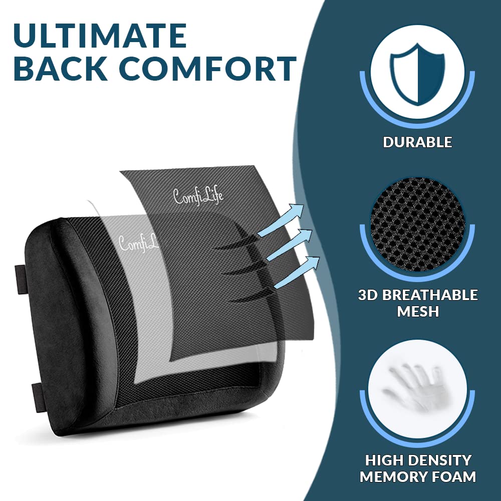 Lumbar Support Back Pillow Office Chair and Car Seat Cushion - Memory Foam with Adjustable Strap and Breathable 3D Mesh (Black)