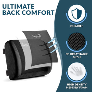 Lumbar Support Back Pillow Office Chair and Car Seat Cushion - Memory Foam with Adjustable Strap and Breathable 3D Mesh (Black)