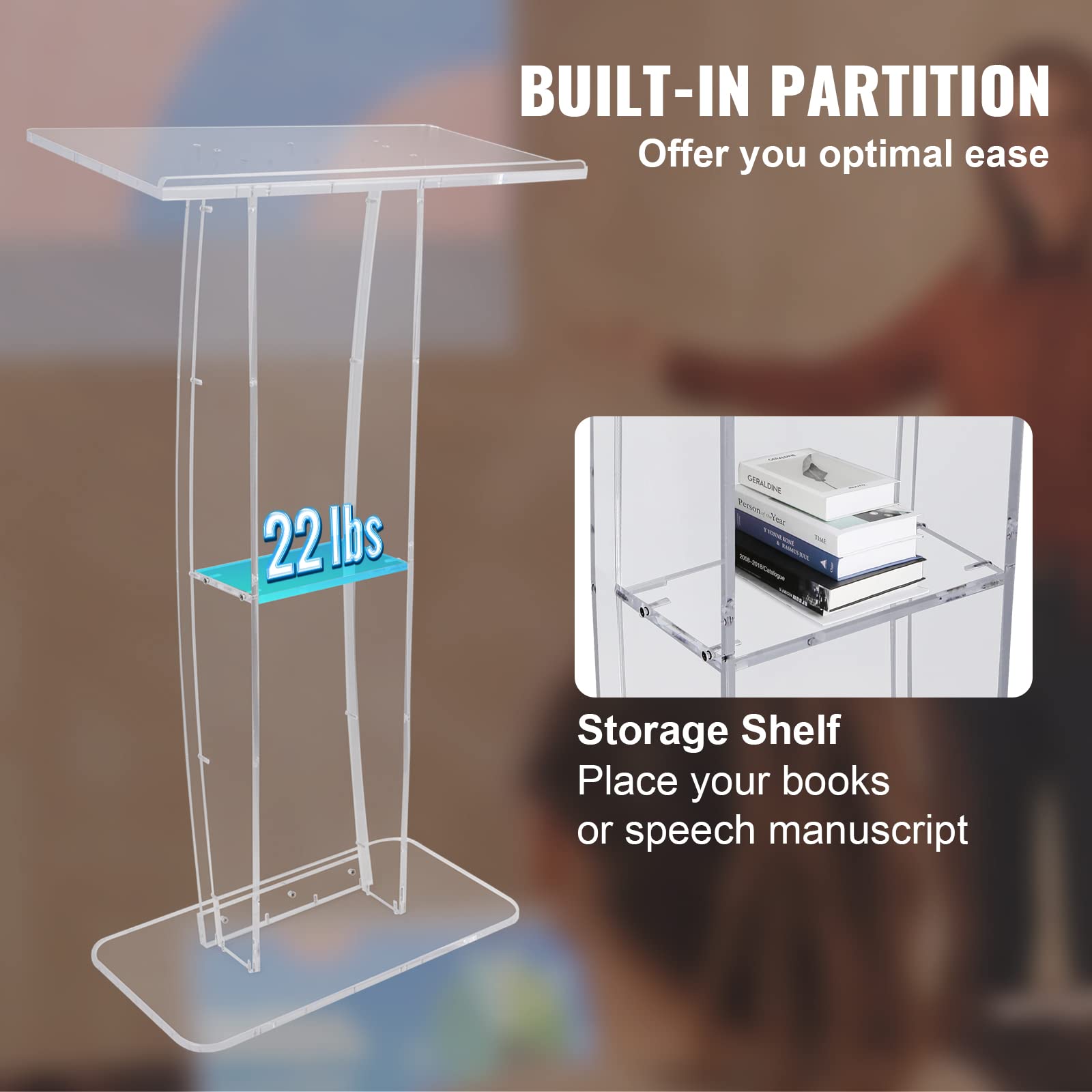 Acrylic Podium, 47" Clear Acrylic Podium Stand with Wide Reading Surface & Storage Shelf, Floor-Standing Clear Pulpits Acrylic for Church Office School
