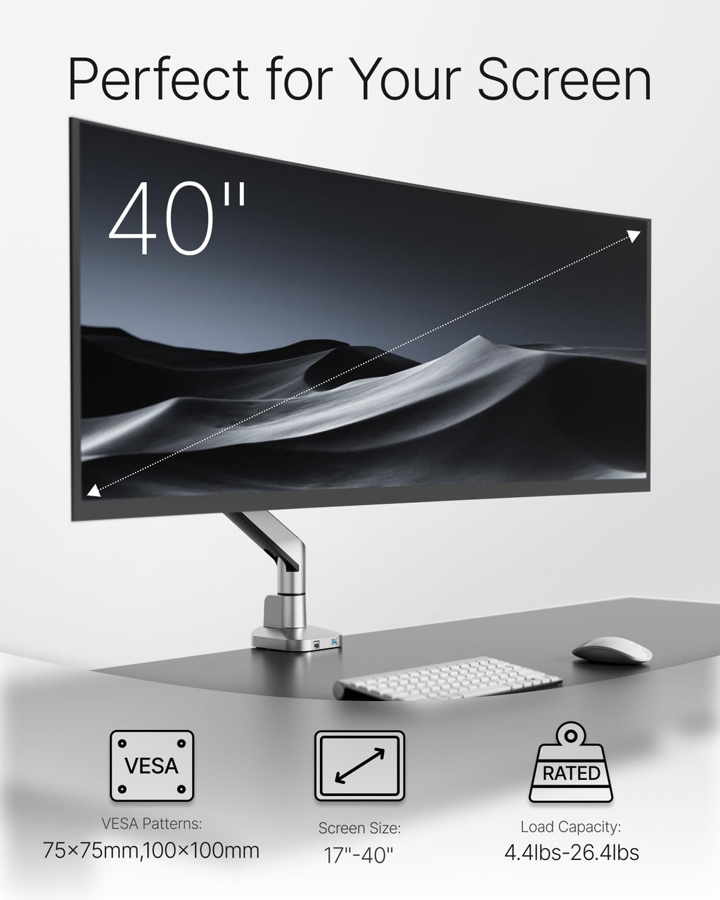 Deluxe Monitor Arm with USB A/C up to 40 Inch Holds 26.4 lbs Curved Screens Aluminum Fully Motion Single Monitor Stand with Clamp/Grommet, Quick Release Plate,75/100mm VESA,MA1008UCSL