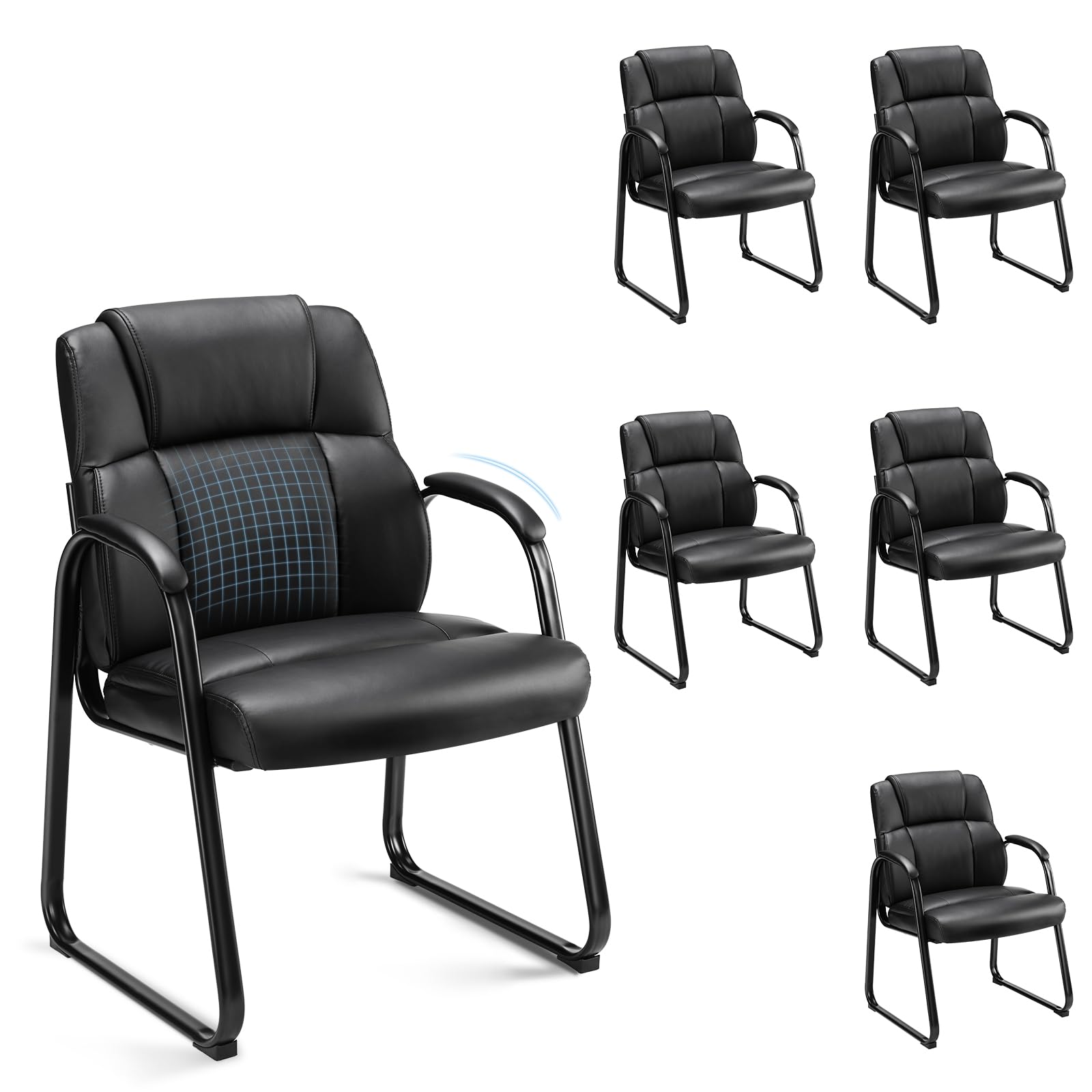 Waiting Room Guest Chair Set of 6, Leather Stationary Office Reception Chairs No Wheel, Comfy Padded Arms and Seld Base, for Conference Room Lobby Home Desk Bedroom Elderly, Black