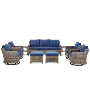 Wicker Patio Furniture Set-9 Pieces All-Weather Wicker Outdoor Furniture with Swivel Patio Chairs Outdoor Patio Conversation Sets for Garden Porch Deck Grey/Blue