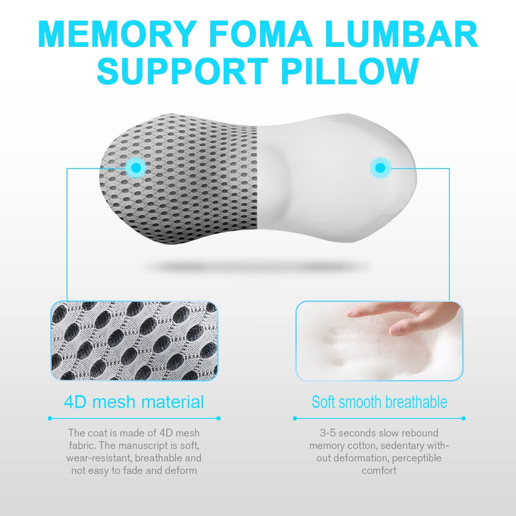 Lumbar Support Pillow for Office Chair, Memory Foam Lumbar Pillow for Lower Back Pain Relief (Grey)