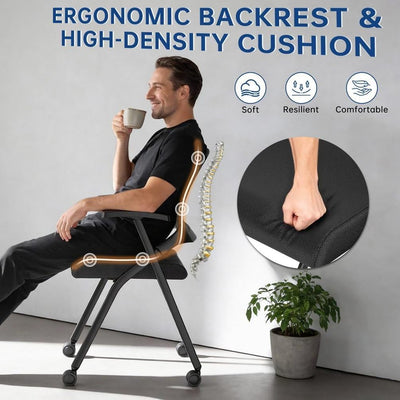50 Pcs,Folding Office Chair with Wheels - Mobile Mesh Back Conference Room Chair with Padded Seat, Foldable & Stackable for Meeting Room, Training, Seminar,Classroom School & Office - Black