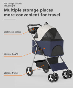 Pet Stroller with 4 Wheels for Small/Medium Pets,Travel Foldable Detachable Carrier for Dog Cat Cage Jogger Stroller, Rear Wheel Breaks, Storage Basket, Visible Mesh Weather Cover (Navy Blue)